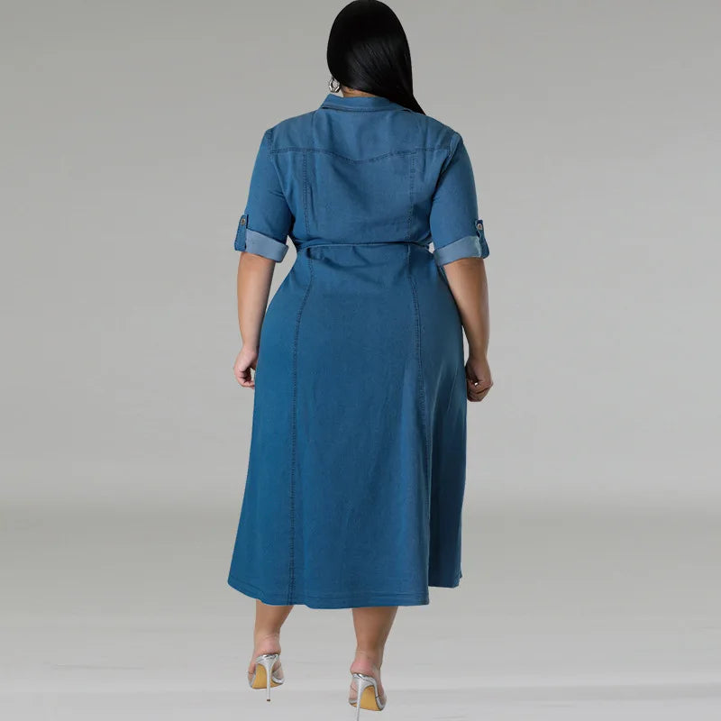 Street Trend Plus-size Women Denim Blouse Dress.New Spring and Summer Fashion Lapel Long-sleeved Single-breasted Dress with Belt by http:// Lolyshop.shop