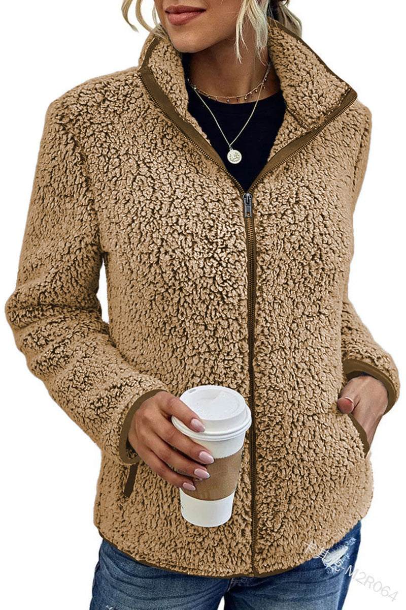 Fall Winter Warm Sweatshirt Stand Collar Solid Color Top Sweater Women's Casual Fashion Long Sleeve Zipper Bubble Velvet Coat Tops