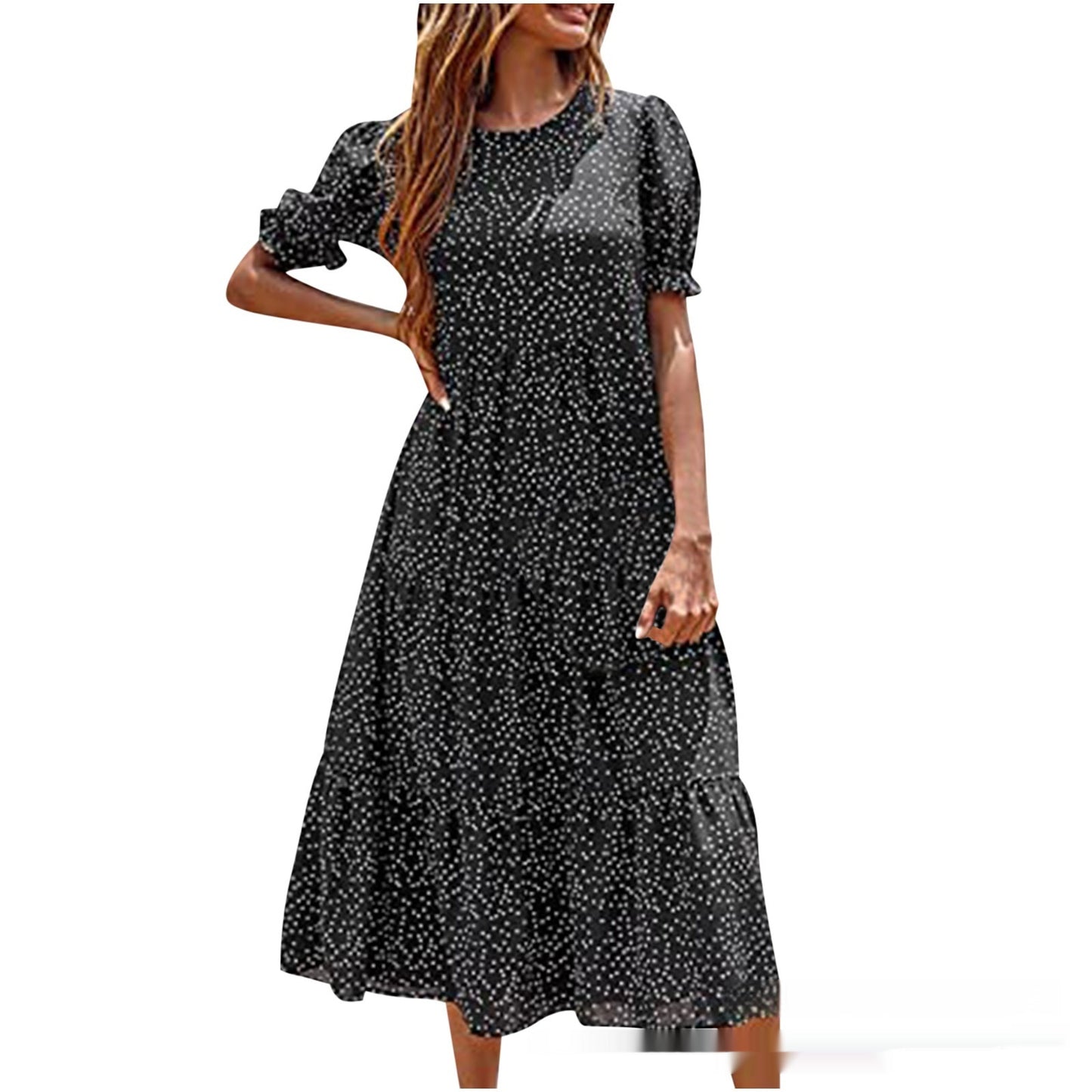 Printed Solid Color Round Neck Short Sleeves Casual Pleated Swing Dress Women