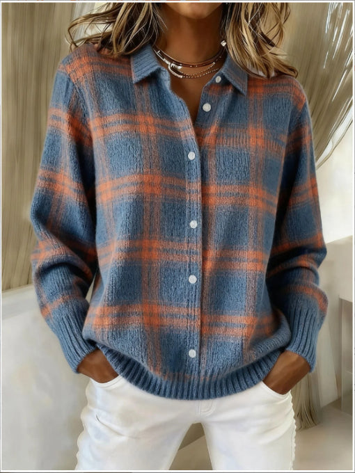 Printed Lapel Sweater Fashion Casual Long-sleeved Button Pullover Top Knitted Clothing For Women
