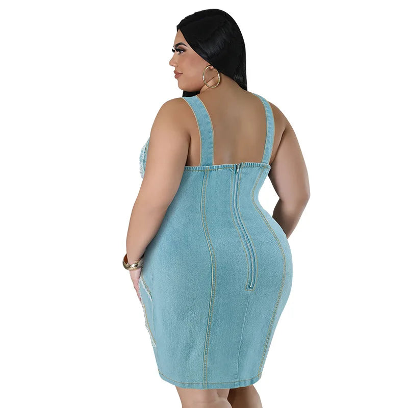 Europe and America Street Trend Women's Plus Size Denim Halter Dress, Summer New Fringe Sleeveless Slim-fit Short Denim Dresses by http:// Lolyshop.shop