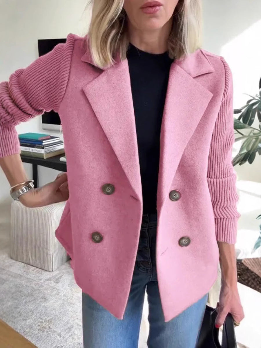 Double Breasted Lapel Jacket Fashion Knitted Sleeves Splicing Design Coat Outerwear Women's Clothing - Http:// Lolyshop.shop