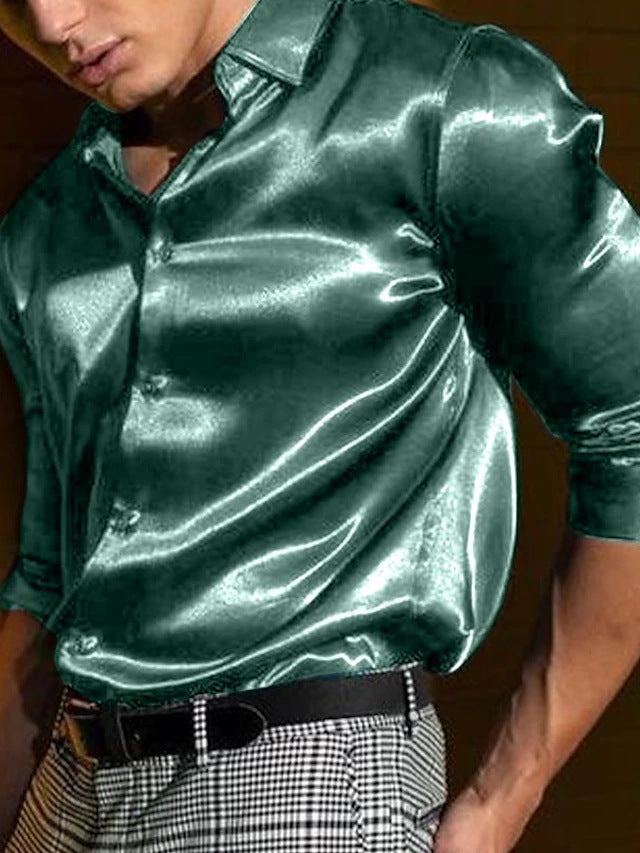 Men's Shirt Fashion Shiny Surface Lapel Long Sleeve Solid Color by http://Loyshop.shop