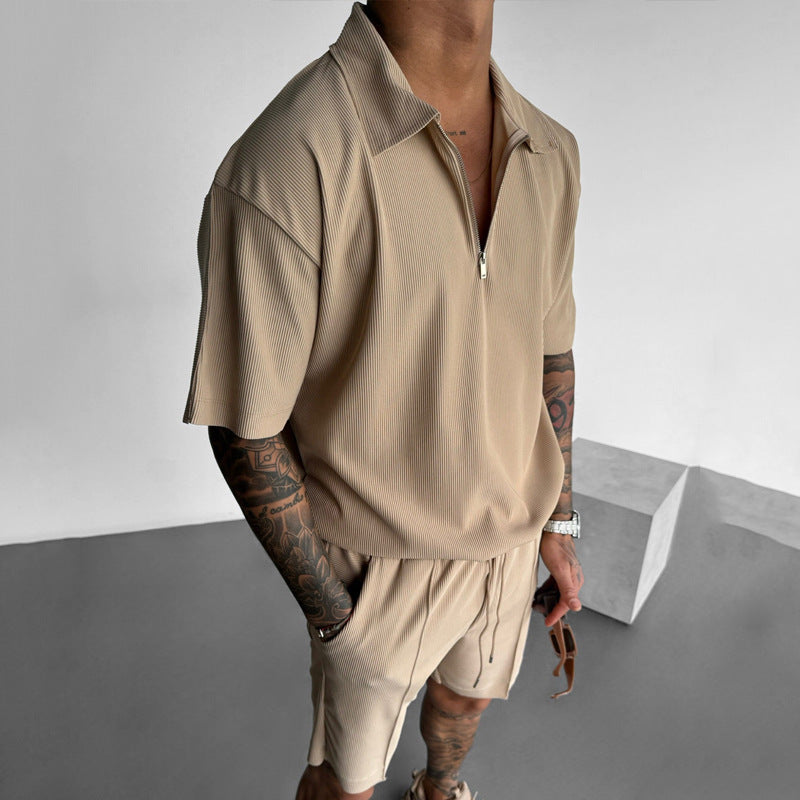 Summer Fashion Mens Clothing Men's Suits New Zipper Polo Casual Short Sleeve Drawstring Shorts Men's Set by http://Lolyshop.shop