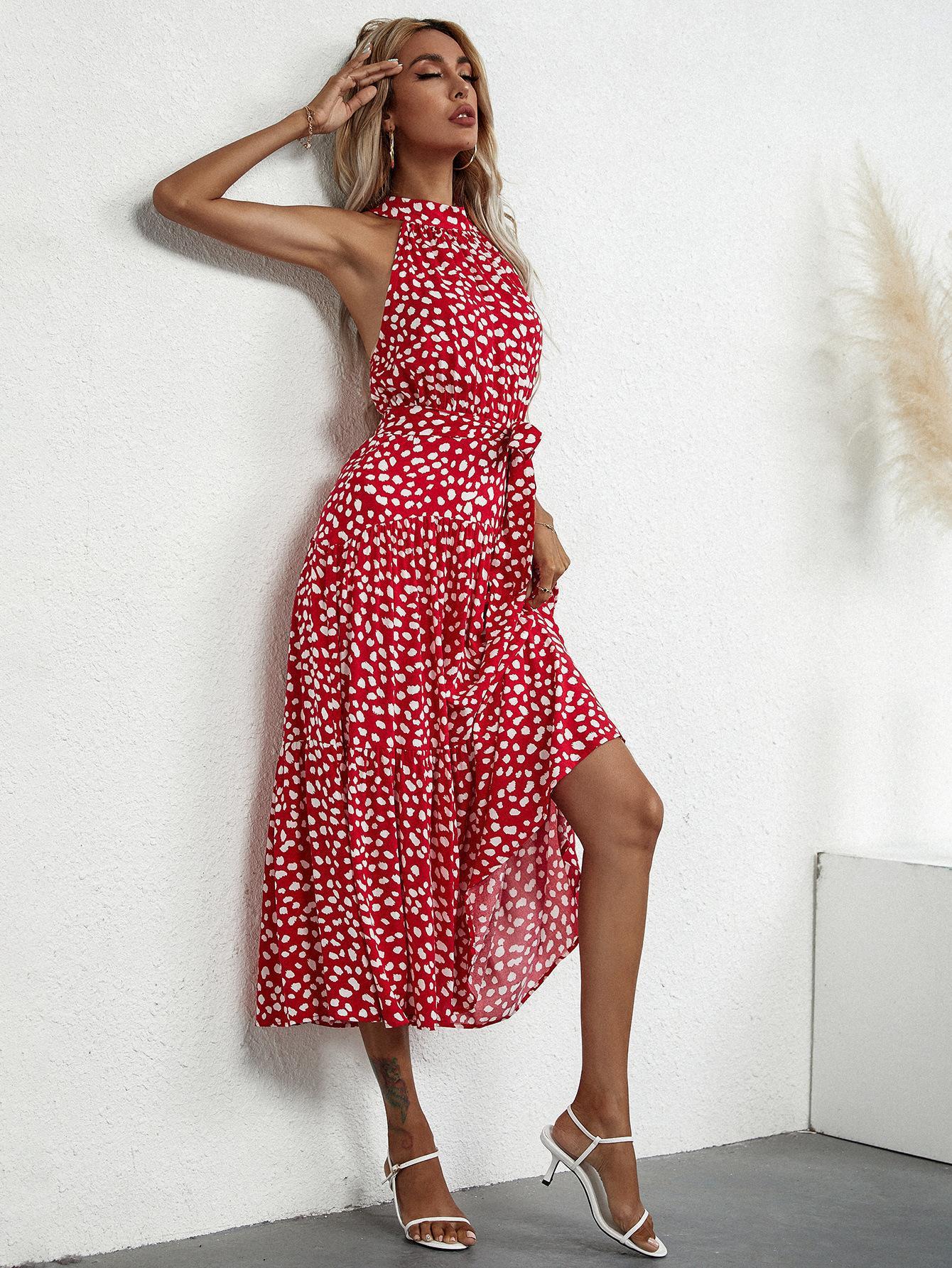 Floral Halter Strap Large Swing Dress Women's Clothing