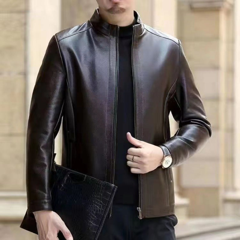 Leather Jacket For Middle-aged Men Leather Clothing With Stand Collar Men Fleece-lined by http://Lolyshop.shop