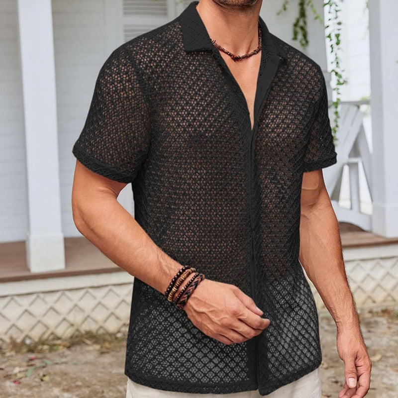 Summer Mesh Short Sleeve Shirt Fashion Solid Color Lapel Shirt Tops Beach Men Clothing by http://Lolyshop.shop