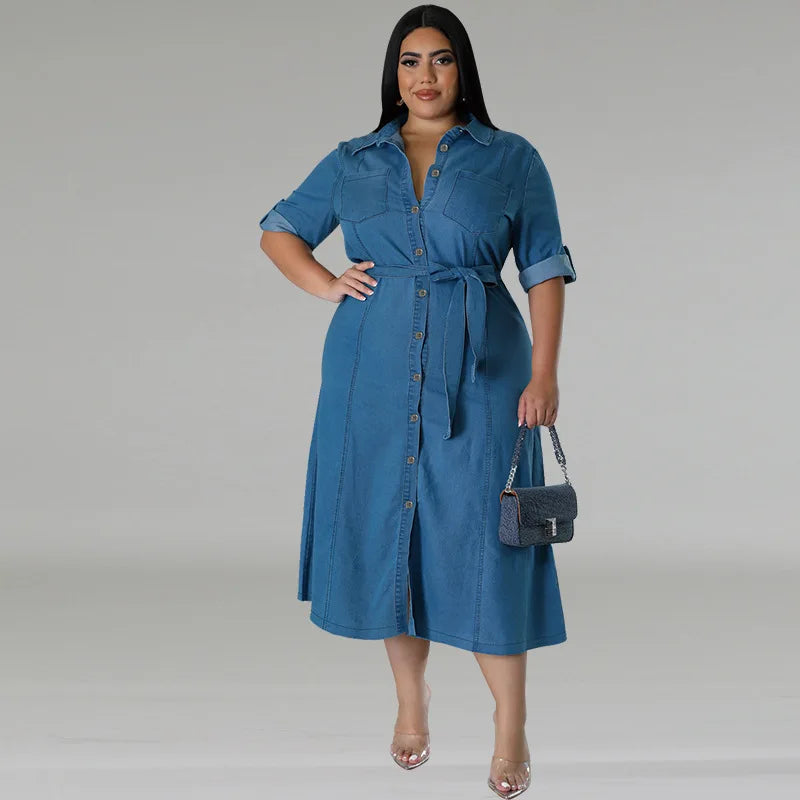 Street Trend Plus-size Women Denim Blouse Dress.New Spring and Summer Fashion Lapel Long-sleeved Single-breasted Dress with Belt by http:// Lolyshop.shop