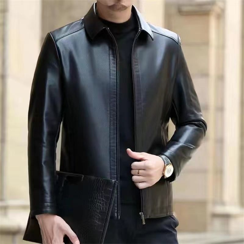 Leather Jacket For Middle-aged Men Leather Clothing With Stand Collar Men Fleece-lined by http://Lolyshop.shop