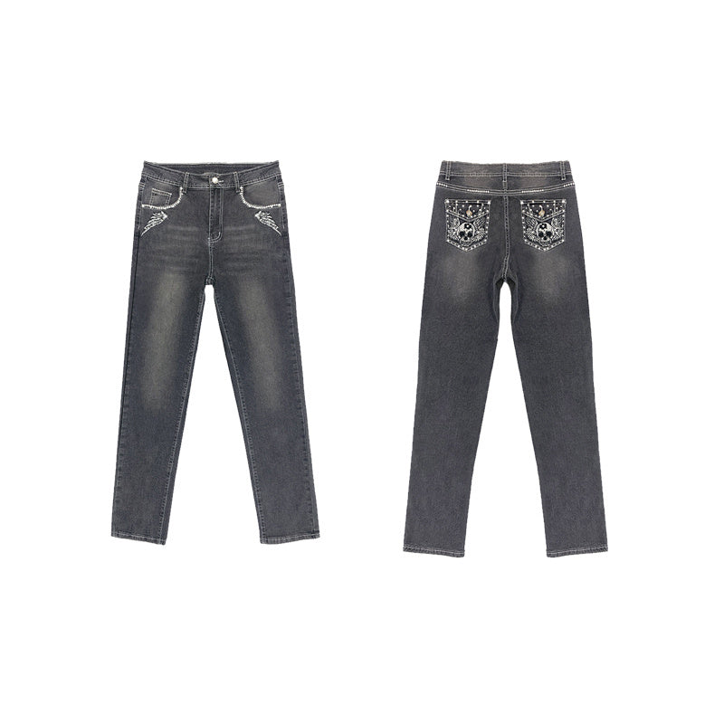 New Retro Embroidered Skull High Waist Slim Jeans Women
