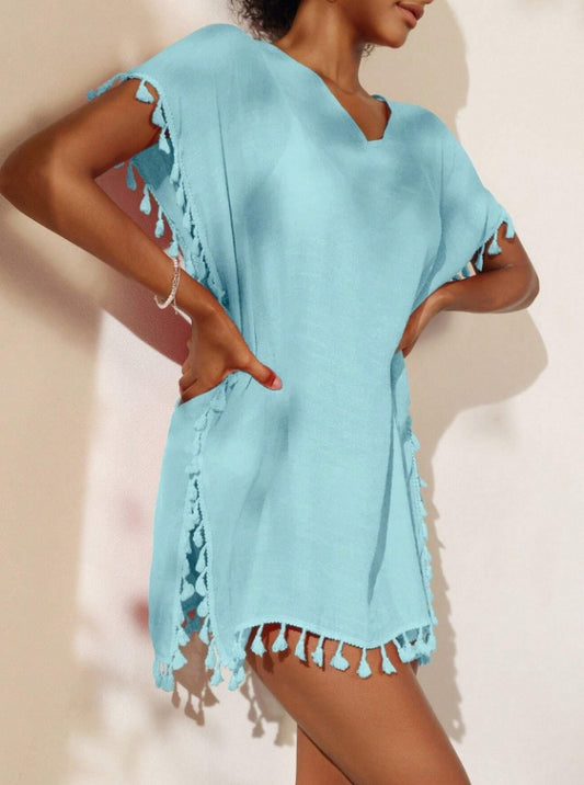 Summer Women's Solid Color Tassel Short Sleeve Top by http://Lolyshop.shop