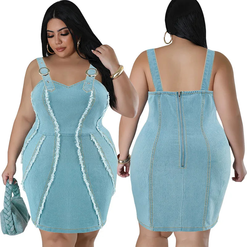 Europe and America Street Trend Women's Plus Size Denim Halter Dress, Summer New Fringe Sleeveless Slim-fit Short Denim Dresses by http:// Lolyshop.shop