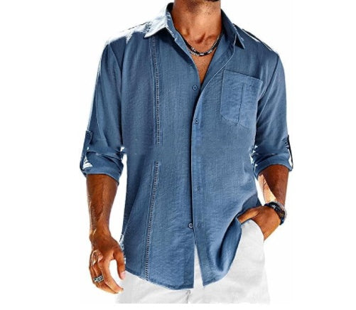Casual Long Sleeve Shirt With Pocket Lace Polo Collar Solid Color Button Mens Clothing by http://Lolyshop.shop