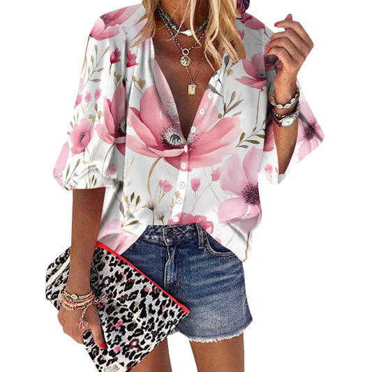 Watercolor Floral Pattern Shirts for Women Button Down Shirt Short Sleeve Loose Fit Blouse Collared Casual Work Tops by http:// Lolyshop.shop