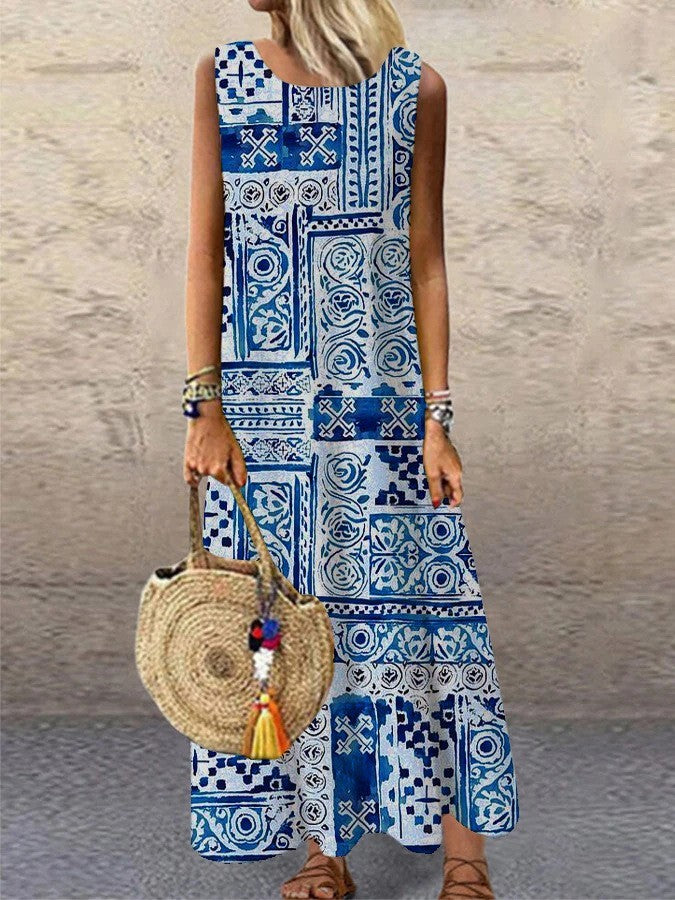 Printed Round Neck Dress Home Dress