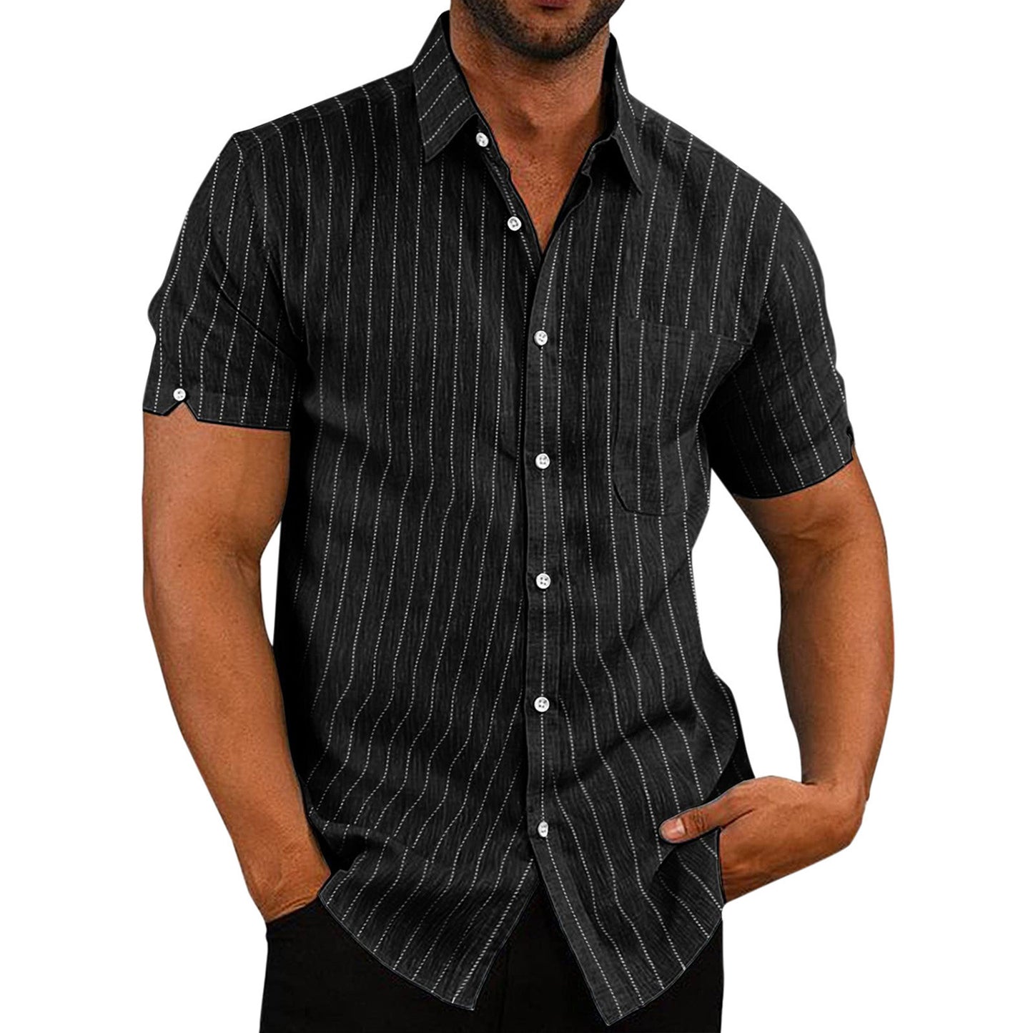 Summer Lapels Short Sleeve Solid Color Buttons Men's Striped Shirt Men's Clothing by http://Lolyshop.shop