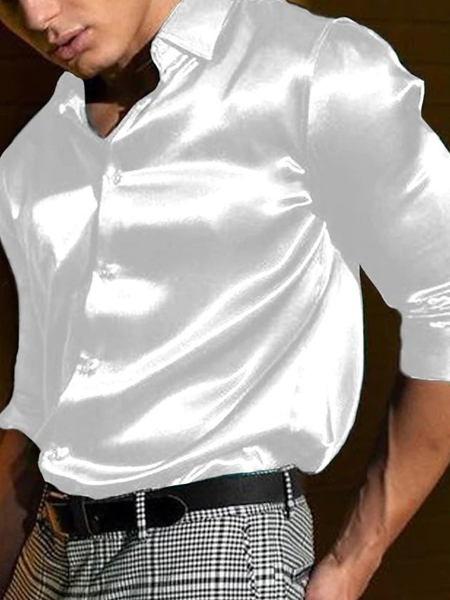 Men's Shirt Fashion Shiny Surface Lapel Long Sleeve Solid Color by http://Loyshop.shop