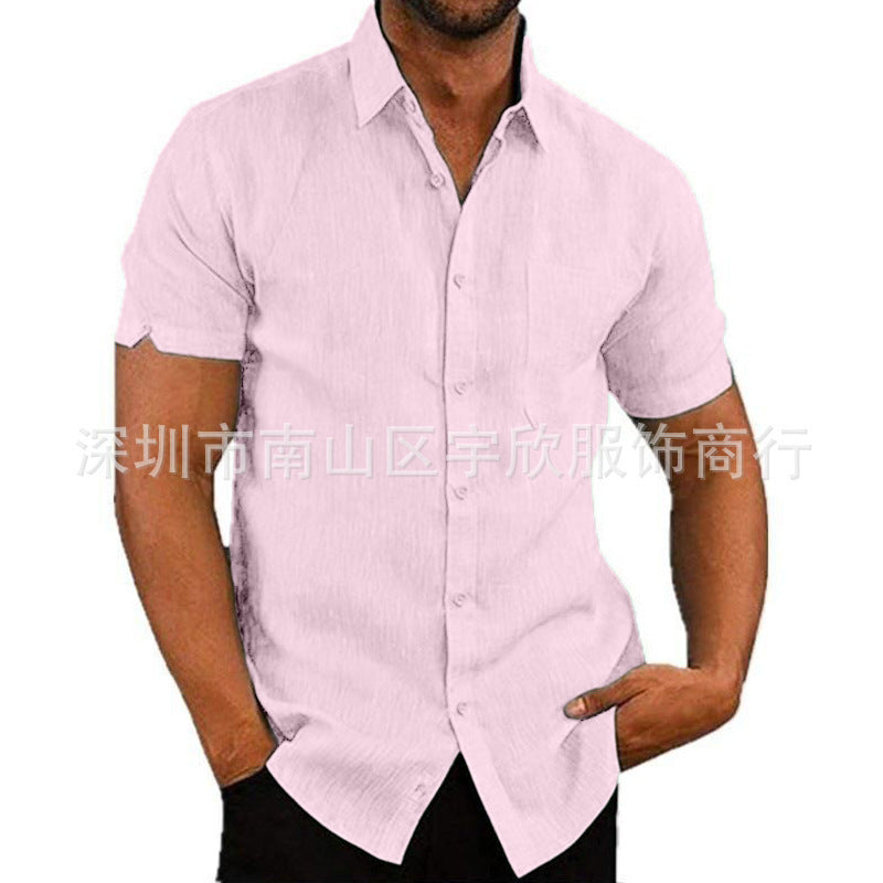 Summer Lapels Solid Color Short Sleeve Button Linen Shirt Men's Clothing by http://Lolyshop.shop