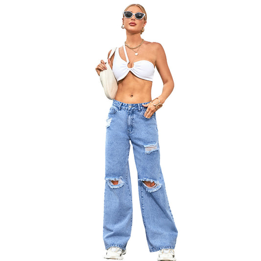 Women's High Waist Ripped Water Wash Denim Straight Pants by http://Lolyshop.shop