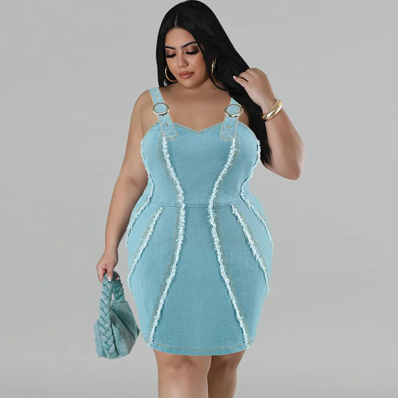 Europe and America Street Trend Women's Plus Size Denim Halter Dress, Summer New Fringe Sleeveless Slim-fit Short Denim Dresses by http:// Lolyshop.shop