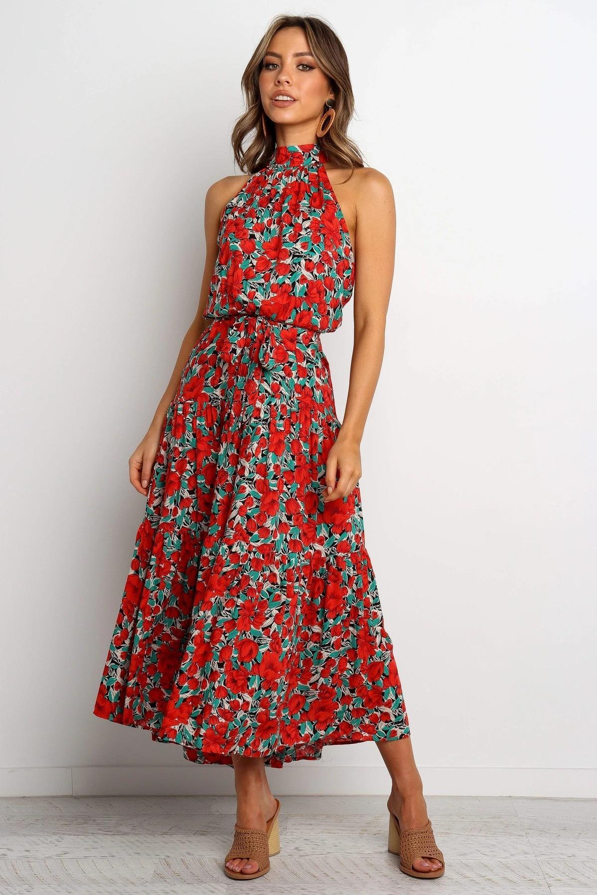 Floral Halter Strap Large Swing Dress Women's Clothing
