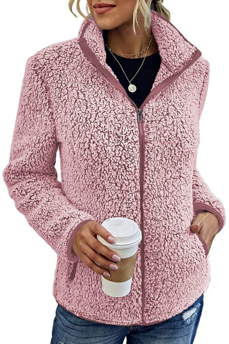 Fall Winter Warm Sweatshirt Stand Collar Solid Color Top Sweater Women's Casual Fashion Long Sleeve Zipper Bubble Velvet Coat Tops