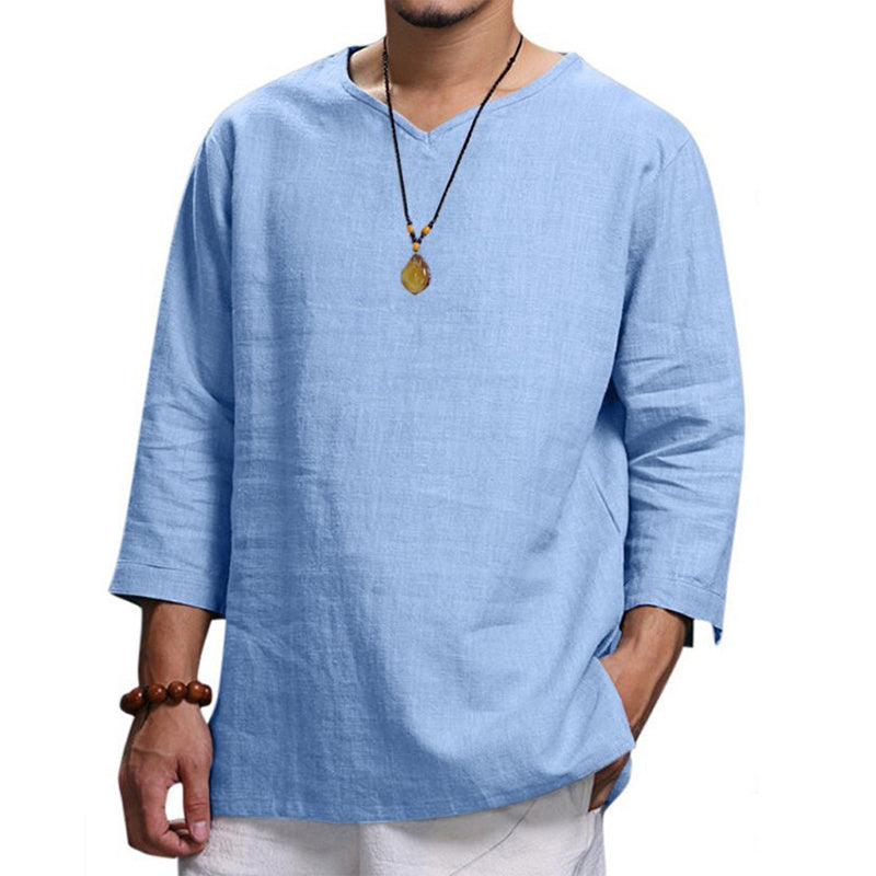 Loose Casual V-neck Top Cotton And Linen Long Sleeve Pullover Shirt Mens Clothing by http://Lolyshop.shop