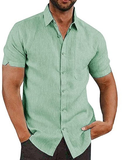Summer Lapels Solid Color Short Sleeve Button Linen Shirt Men's Clothing by http://Lolyshop.shop