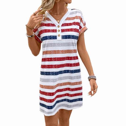 Color Striped Button V-neck Dress by http://Lolyshop.shop