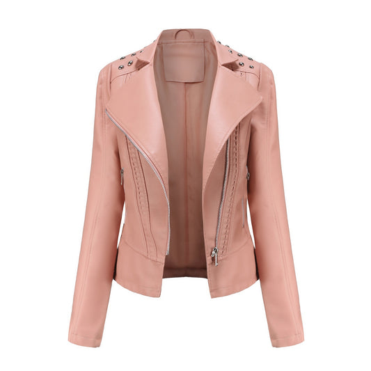 Beaded Leather Women's Long-sleeved Fashion Jacket Lapel Motorcycle Clothing Thin Women's Jacket by http://Lolyshop.shop