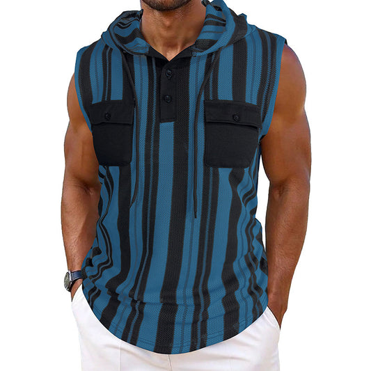 Men's Striped Sleeveless Hooded Vest Pocket by http://Loyshop.shop