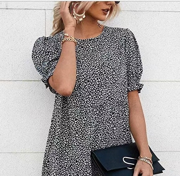 Printed Solid Color Round Neck Short Sleeves Casual Pleated Swing Dress Women