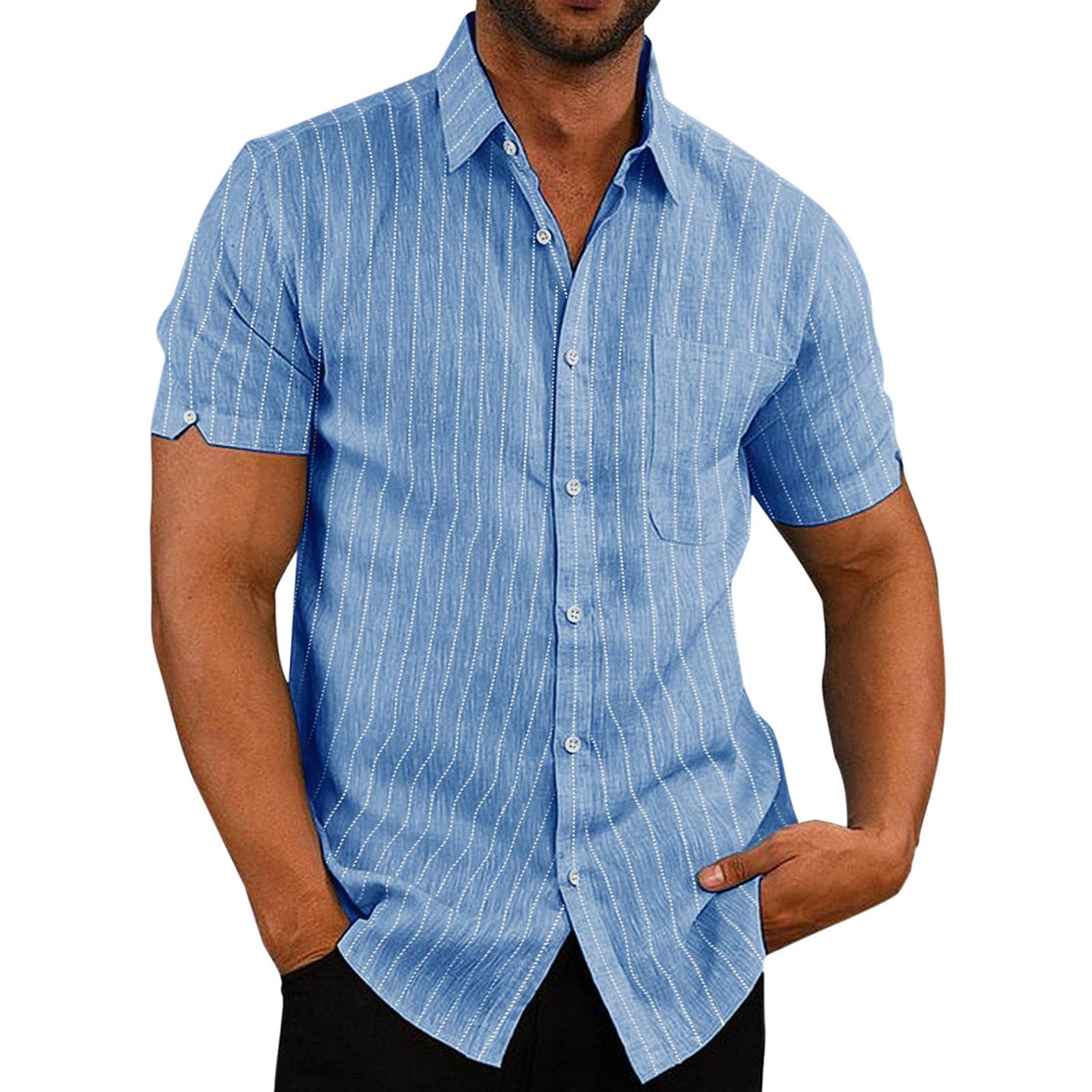 Summer Lapels Short Sleeve Solid Color Buttons Men's Striped Shirt Men's Clothing by http://Lolyshop.shop