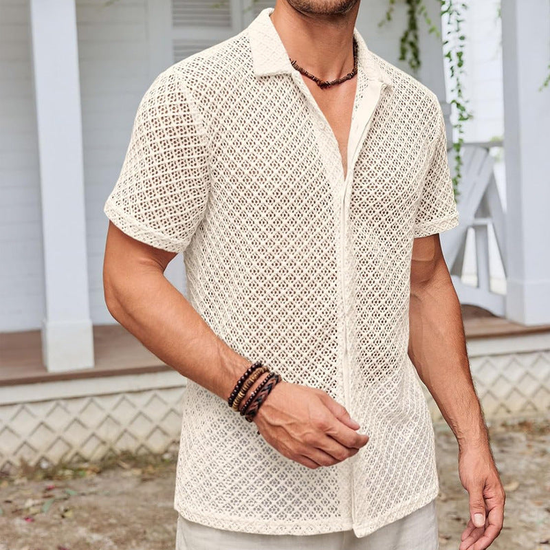 Summer Mesh Short Sleeve Shirt Fashion Solid Color Lapel Shirt Tops Beach Men Clothing by http://Lolyshop.shop