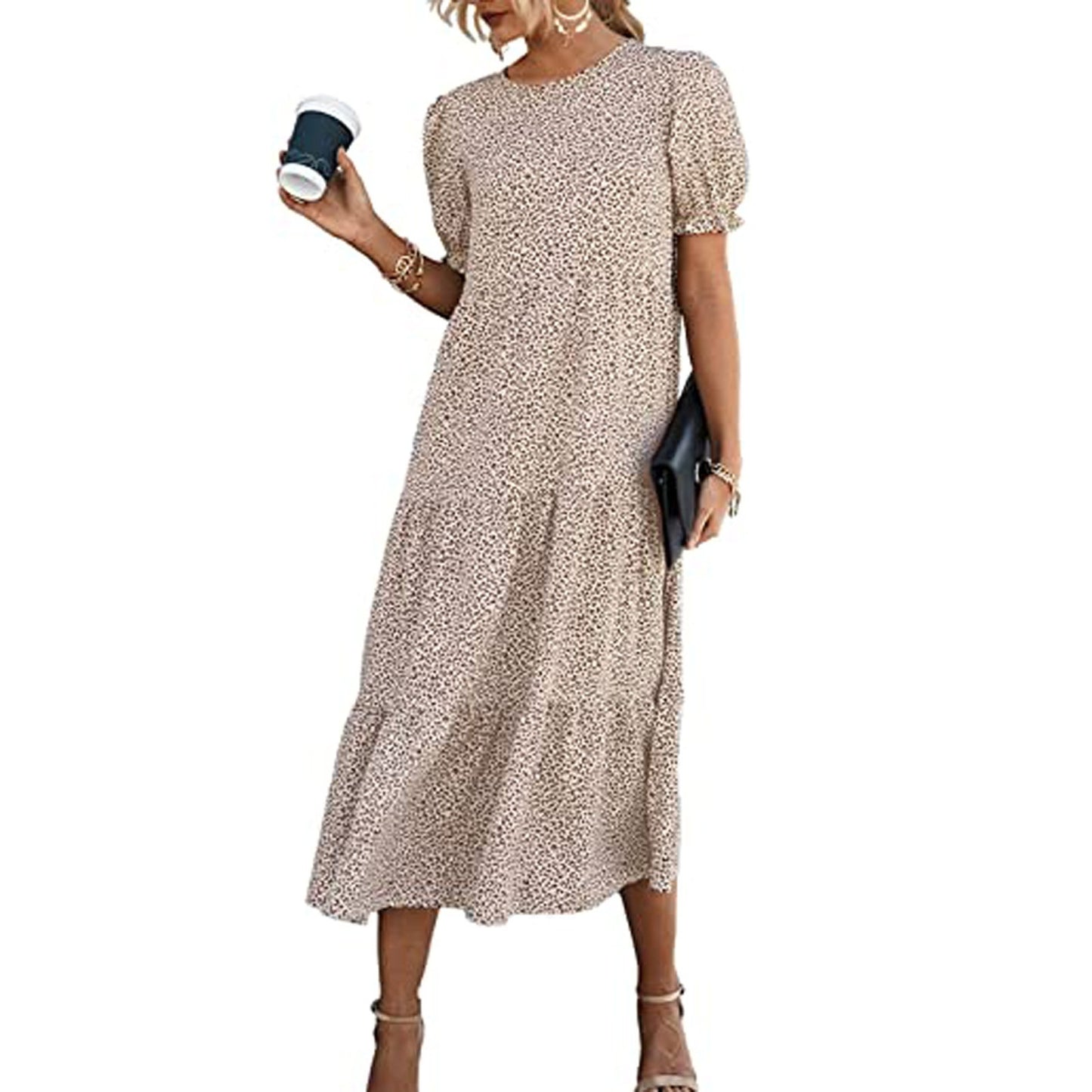 Printed Solid Color Round Neck Short Sleeves Casual Pleated Swing Dress Women