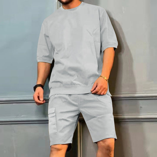 Men's Sports Suits Summer Round Neck Short-sleeved Top And Multi-pocket Shorts Casual Trendy 2pcs Set Clothing by http://Lolyshop.shop