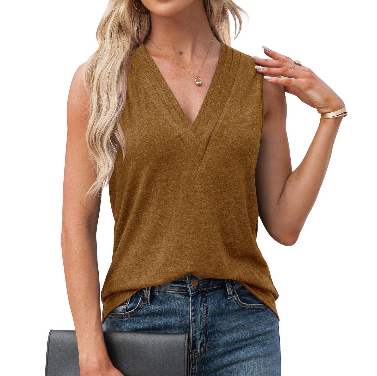 Solid Color Multi-layer Special V-neck Vest T-shirt For Women