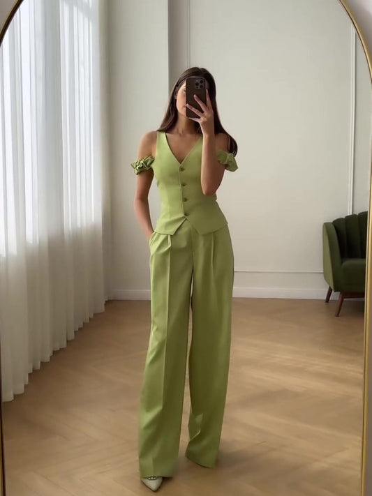 Women's Commuter High Waist Trendy Solid Color Short Sleeve Casual Two-piece Suit by http://Lolyshop.shop