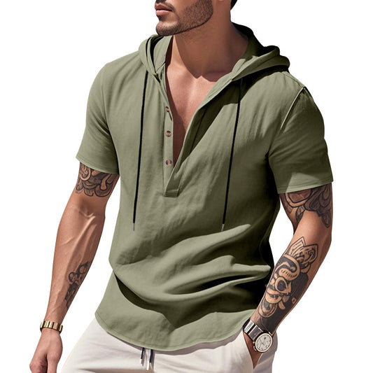 Casual Breathable Linen Hooded Henley Shirt With Short Sleeves Men's Shirt Breathable Comfortable Spring Summer Fashion Basic Color Streetwear
