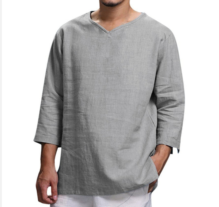 Loose Casual V-neck Top Cotton And Linen Long Sleeve Pullover Shirt Mens Clothing by http://Lolyshop.shop