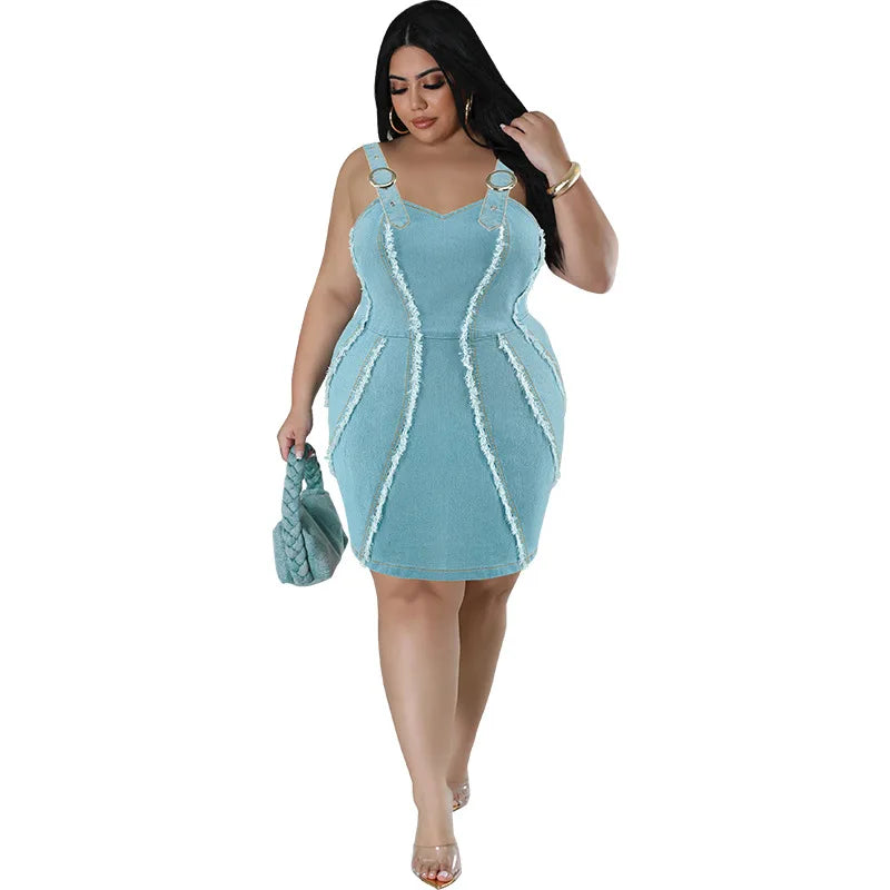 Europe and America Street Trend Women's Plus Size Denim Halter Dress, Summer New Fringe Sleeveless Slim-fit Short Denim Dresses by http:// Lolyshop.shop