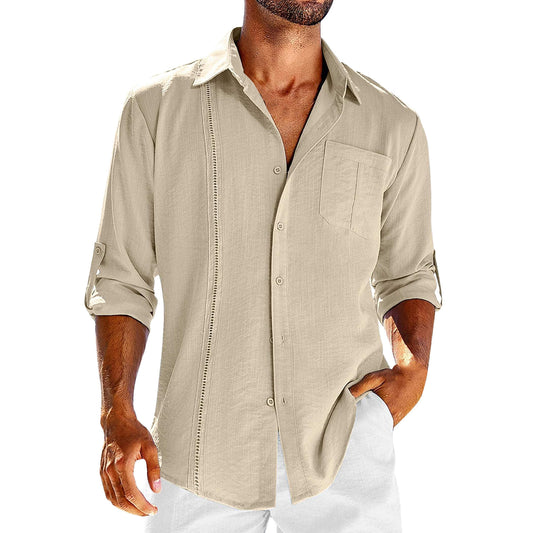 Casual Long Sleeve Shirt With Pocket Lace Polo Collar Solid Color Button Mens Clothing by http://Lolyshop.shop