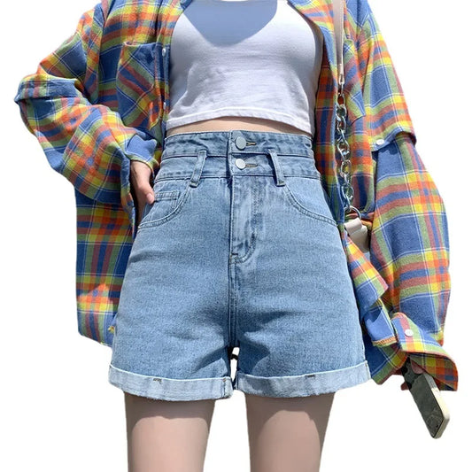Women's Simple Double-button Denim Shorts. New Summer Loose-fitting, High-waisted, Casual Straight-leg Rolled-up Jeans for Women by http:// Lolyshop.shop