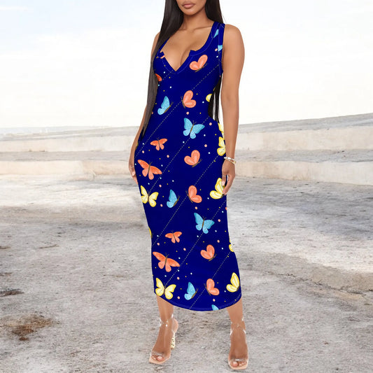 Women's 2025 spring and summer sleeveless knee length dress with hollowed out pullover, butterfly print beach casual dress by http:// Lolyshop.shop