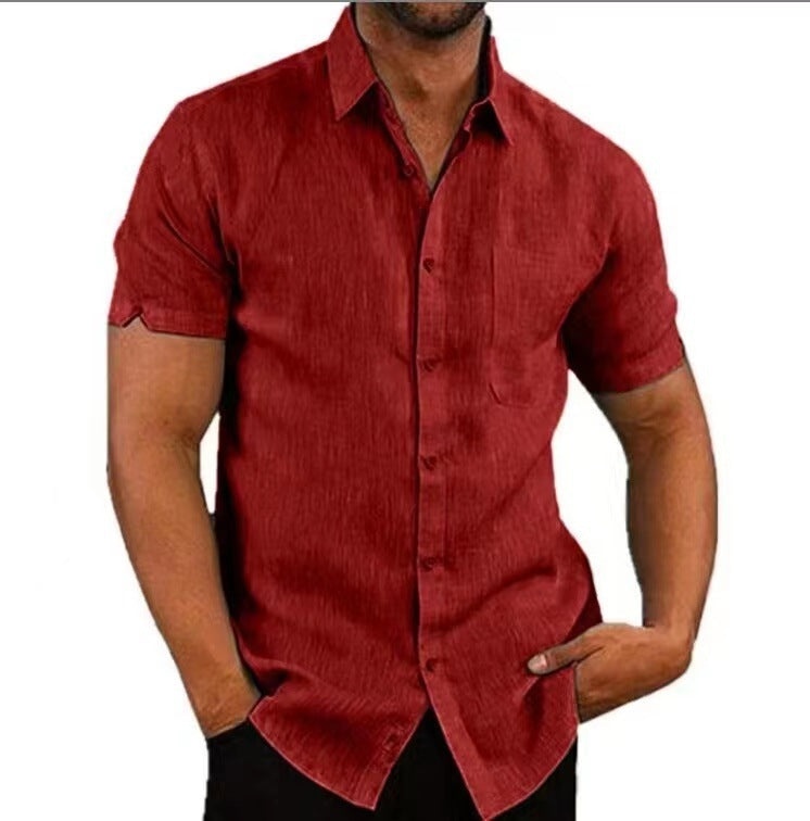 Summer Lapels Solid Color Short Sleeve Button Linen Shirt Men's Clothing by http://Lolyshop.shop