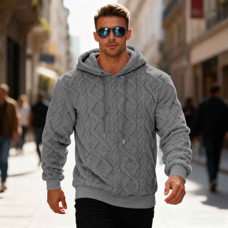 Plush Hooded Sweatshirt Winter Warm Long-sleeved Pullover Top Men's Casual Solid Color Fleece Hoodie Clothing