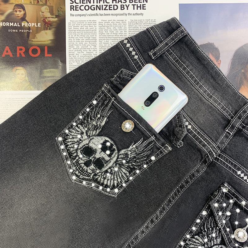 New Retro Embroidered Skull High Waist Slim Jeans Women