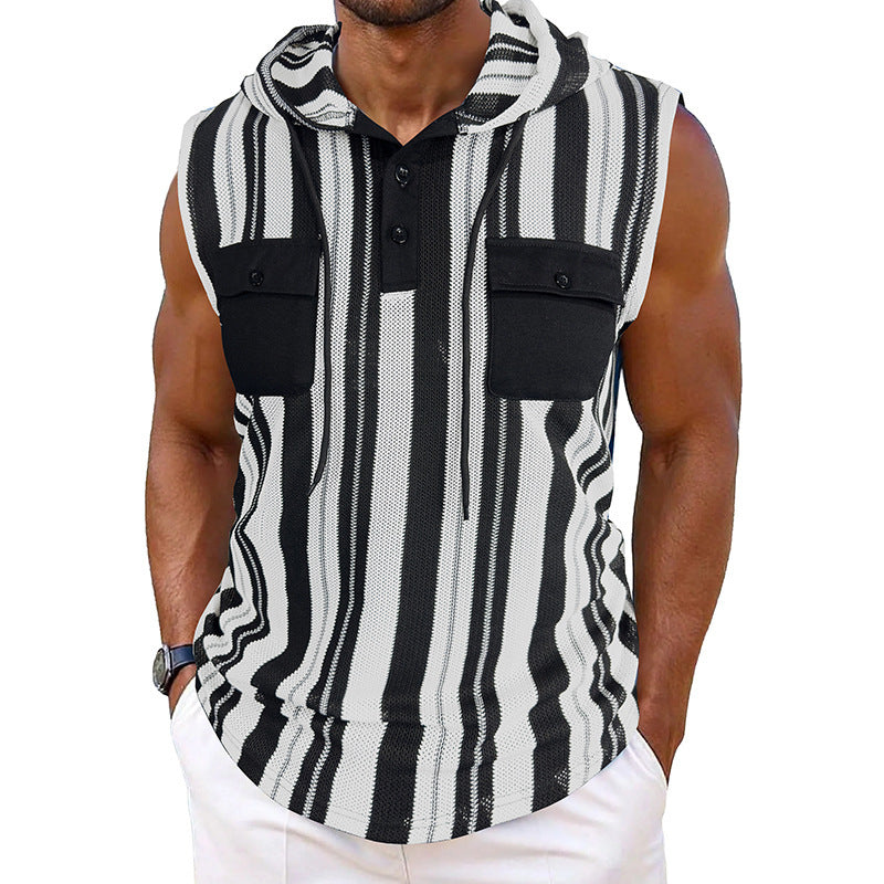 Men's Striped Sleeveless Hooded Vest Pocket by http://Loyshop.shop