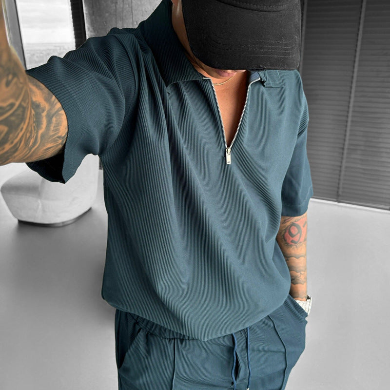 Summer Fashion Mens Clothing Men's Suits New Zipper Polo Casual Short Sleeve Drawstring Shorts Men's Set by http://Lolyshop.shop