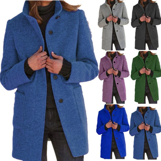 Fashion Stand Collar Woolen Coat With Pockets Fall Winter Casual Button Outwear For Women Clothing - Http:// Lolyshop.shop